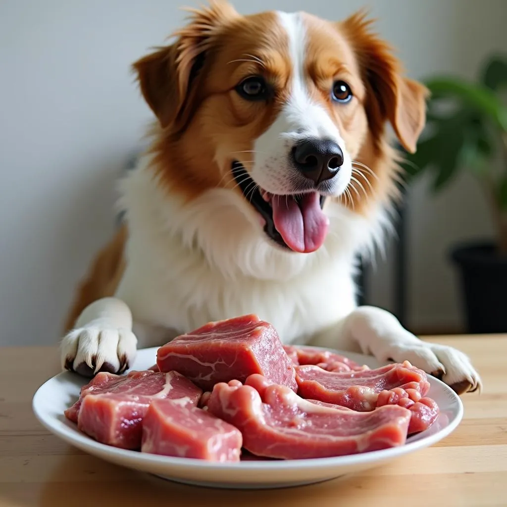 A healthy dog enjoying a raw dog food 80/10/10 meal