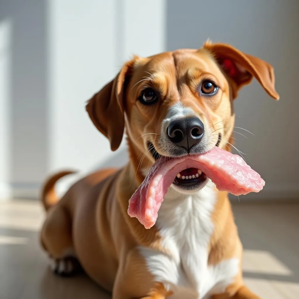 Happy Dog Enjoying Raw Pig Ear