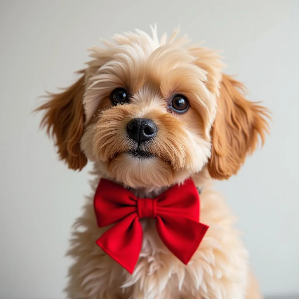 Red dog bow on a pet with grooming