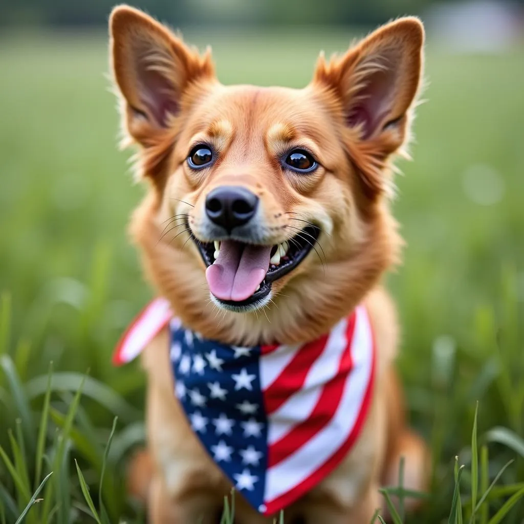 Dog wearing red white and blue bandana celebrating Independence Day