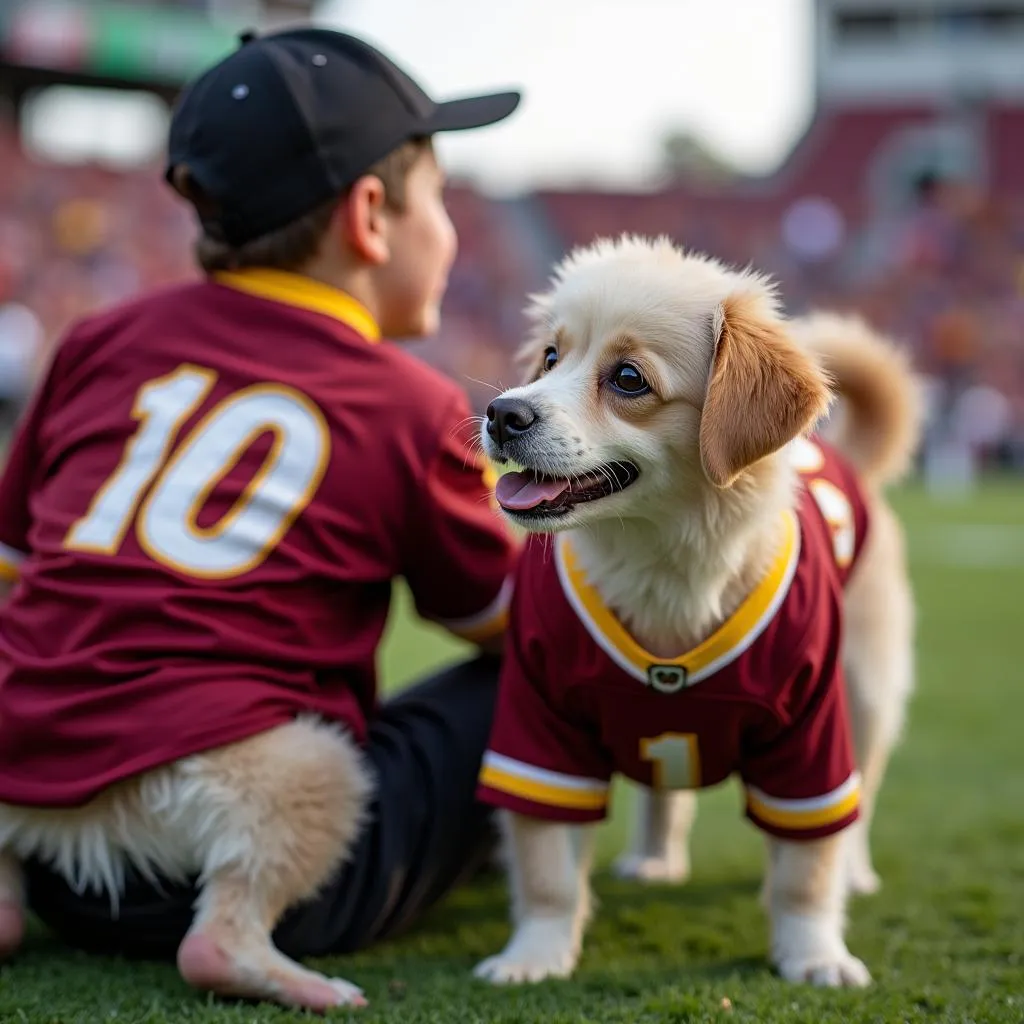 A cute dog wearing a Redskins dog jersey while watching a football game with its owner