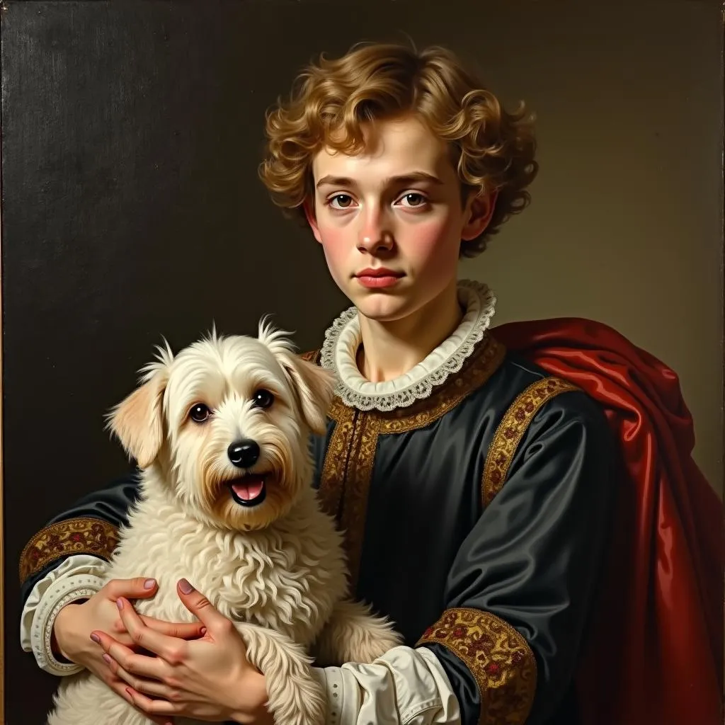 Botticelli's "Portrait of a Young Man with a Dog" depicts a young man holding a small dog, highlighting the bond between humans and their canine companions during the Renaissance period.