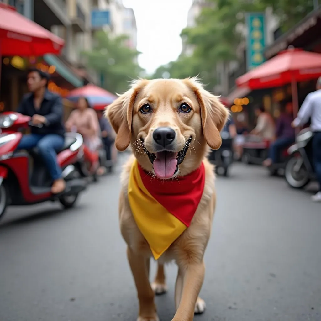 A stylish dog wearing a reversible dog bandana in a Hanoi street. The bandana features a vibrant red side and a playful yellow side, reflecting the lively energy of the city.