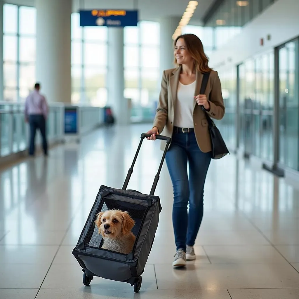 A woman is using a rolling dog carrier to transport her dog through the airport. The dog is looking out of the carrier with a curious expression.