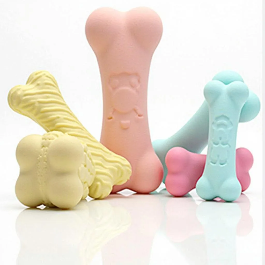 A rubber bone dog toy for a dog