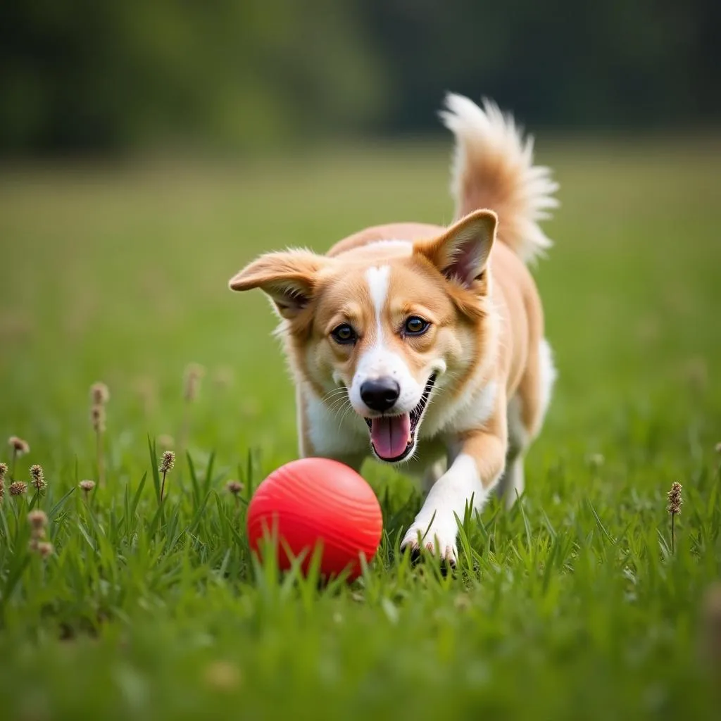 A dog playing fetch with a rubber football toy in a park.