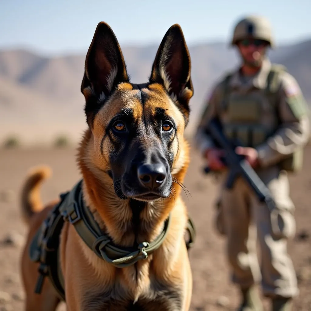 Sam Angus, a Belgian Malinois Military Dog, Standing Alert with a Soldier in Afghanistan