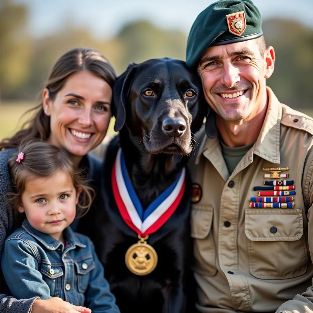 Sam Angus, a Military Dog Awarded the Medal of Honor, Posing with His Soldier Handler and Family