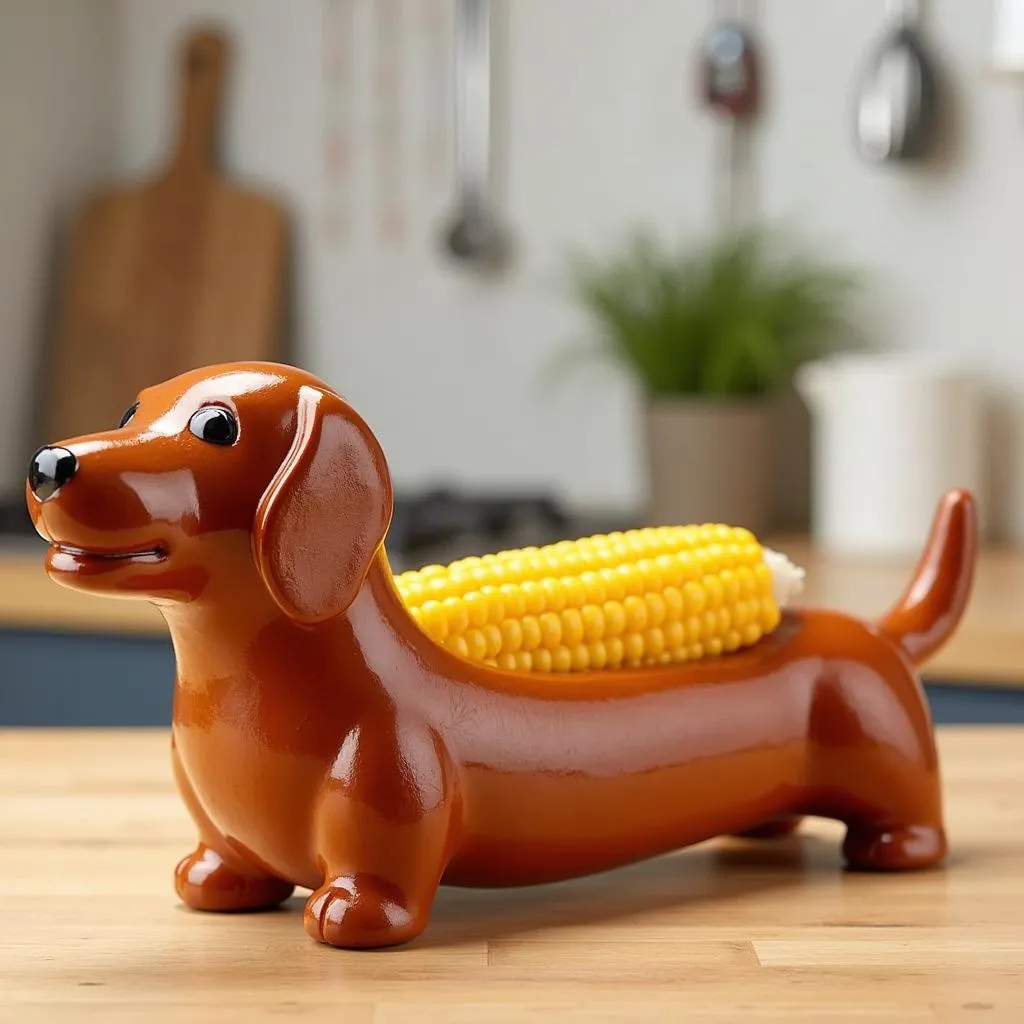 Cute sausage dog corn holder on a kitchen counter