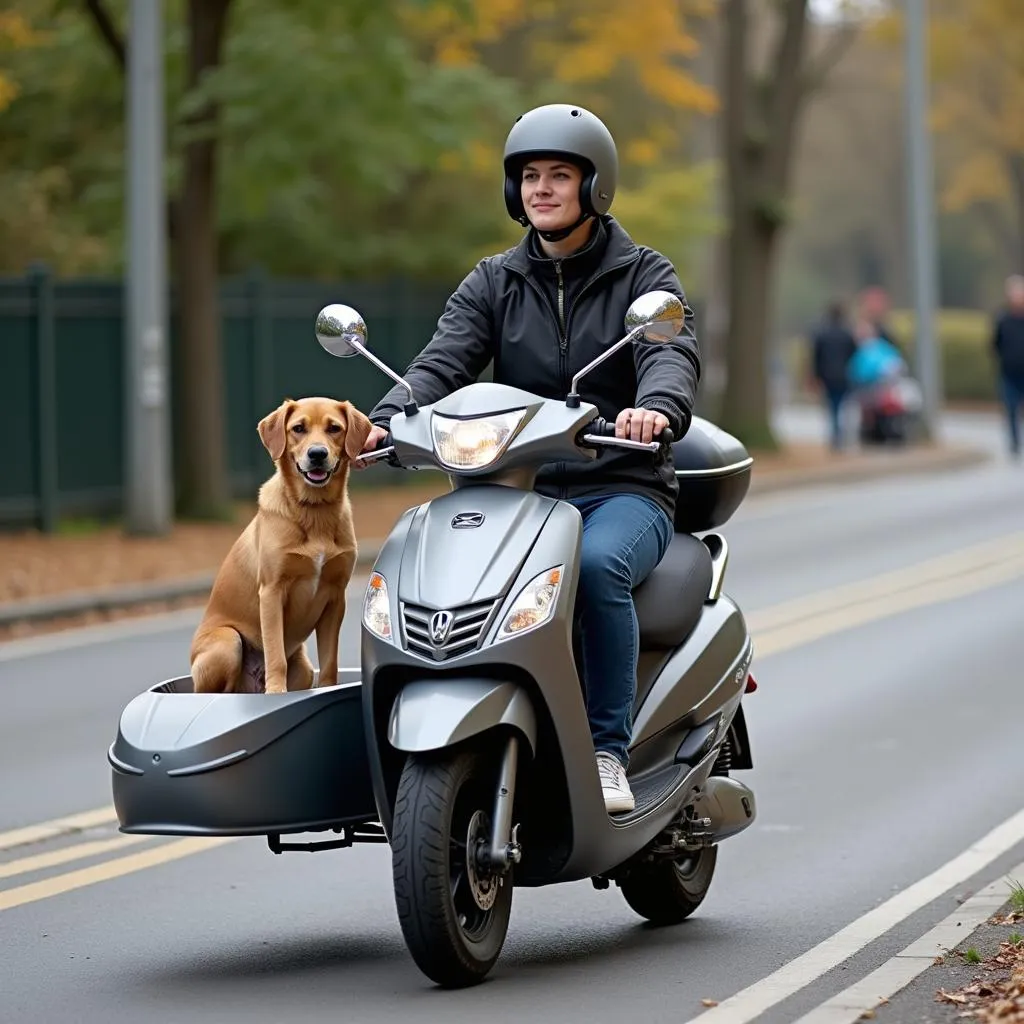 Dog scooter with sidecar on street