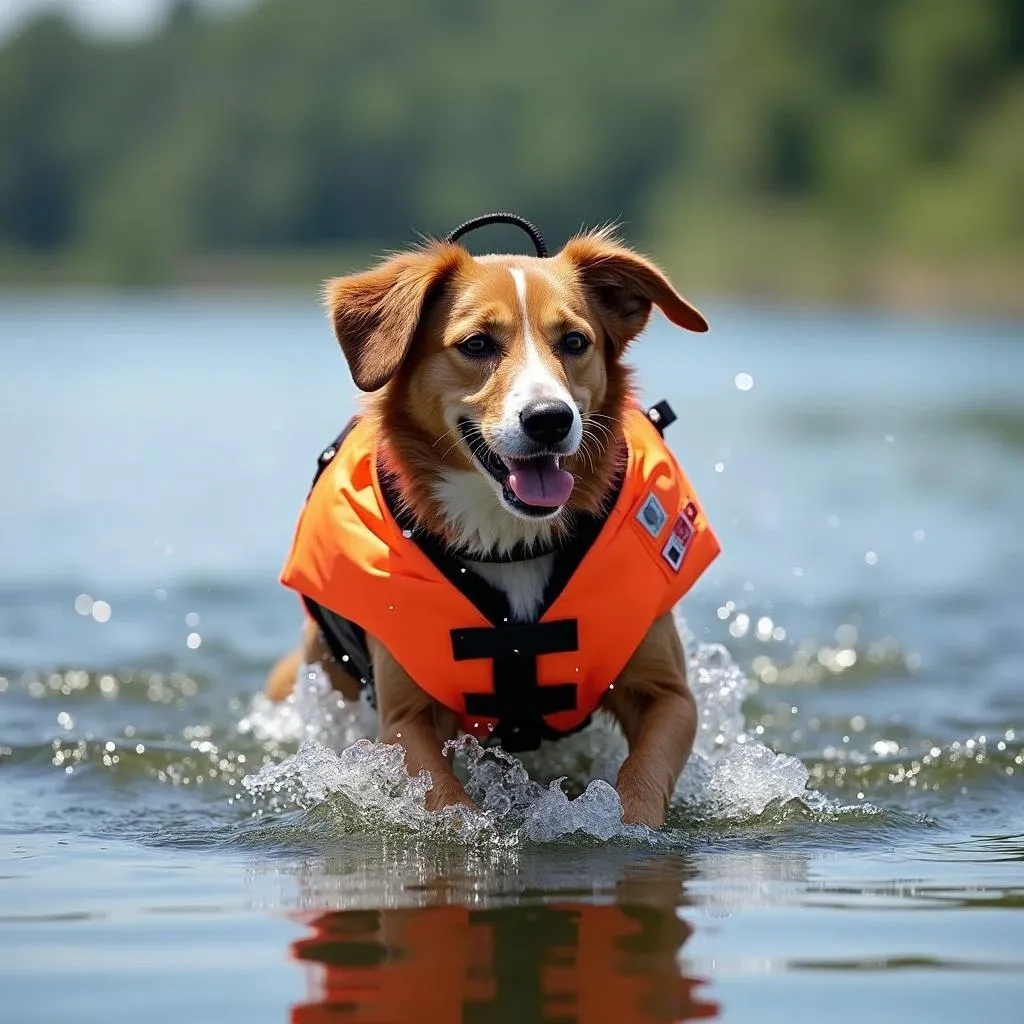 Dog Wearing Search and Rescue Vest While Swimming in a Lake