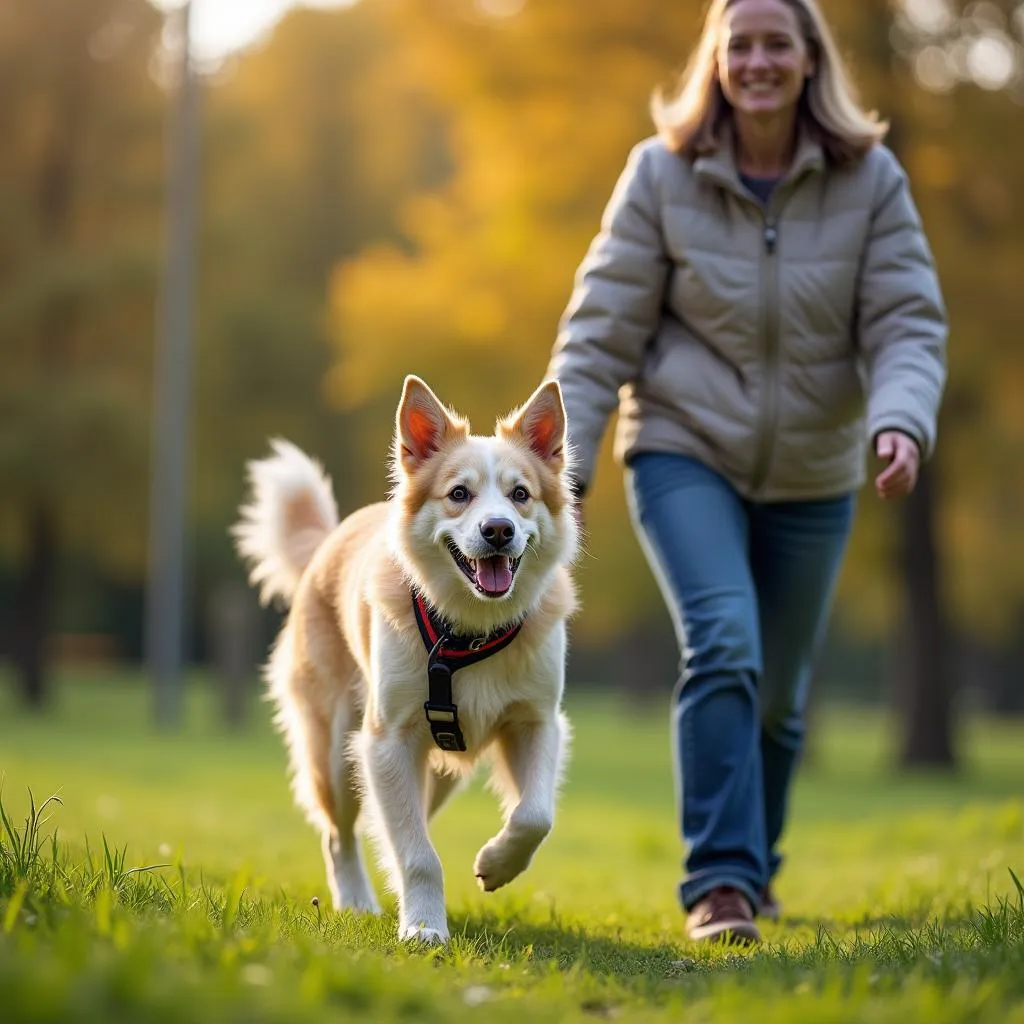 A senior dog enjoys a walk in a park during a photoshoot with a professional photographer