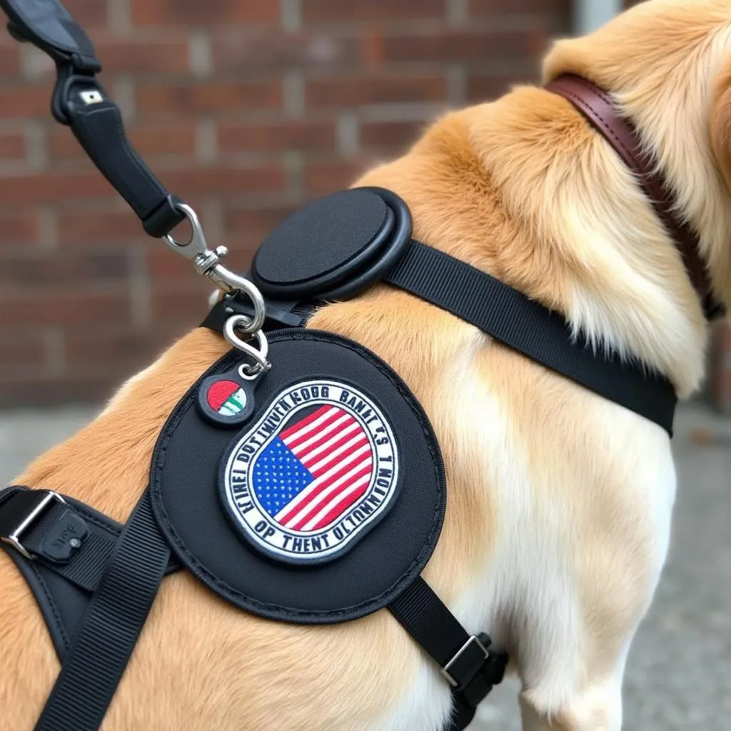 A service dog wearing a harness with a velcro patch attached