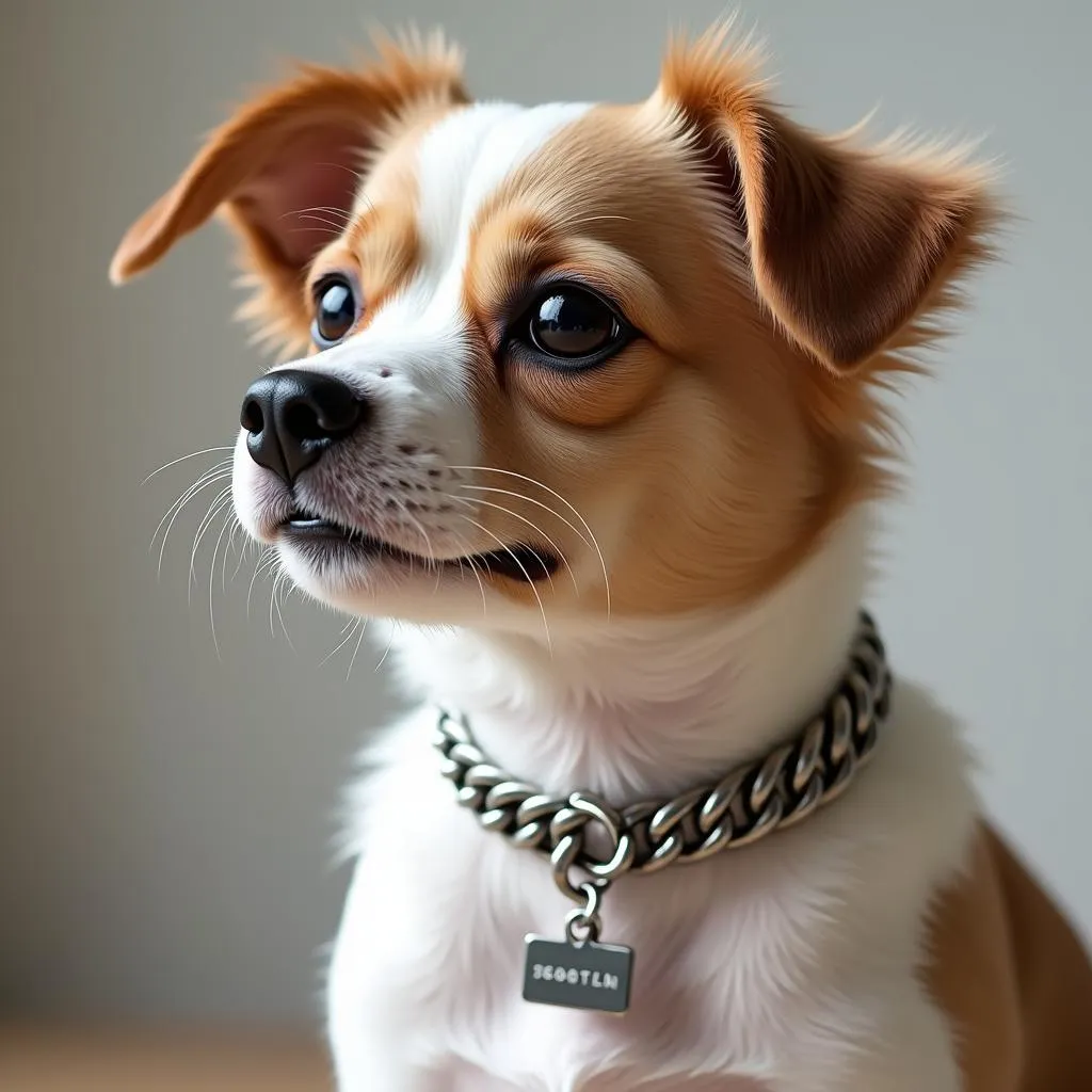 A small dog wearing a silver dog chain collar