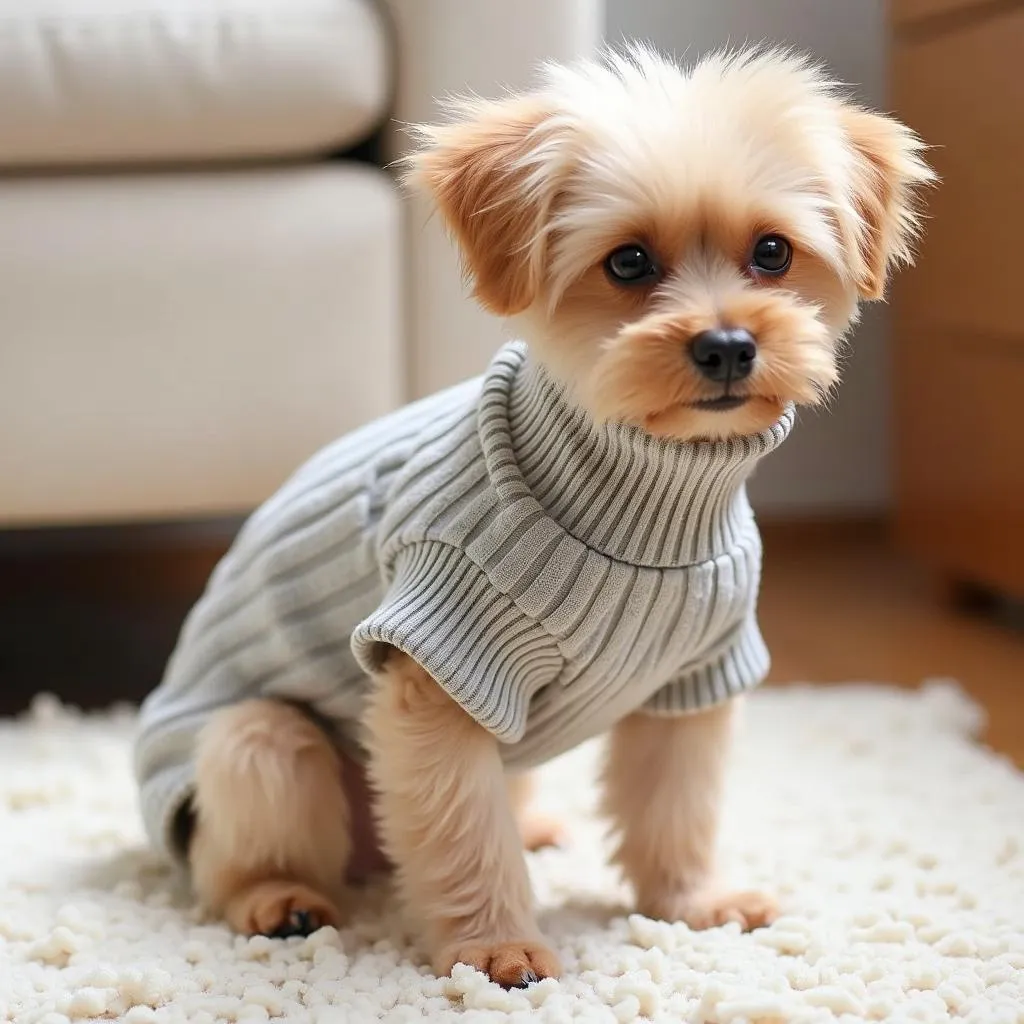 Small dog wearing a sweater and looking cute and comfy