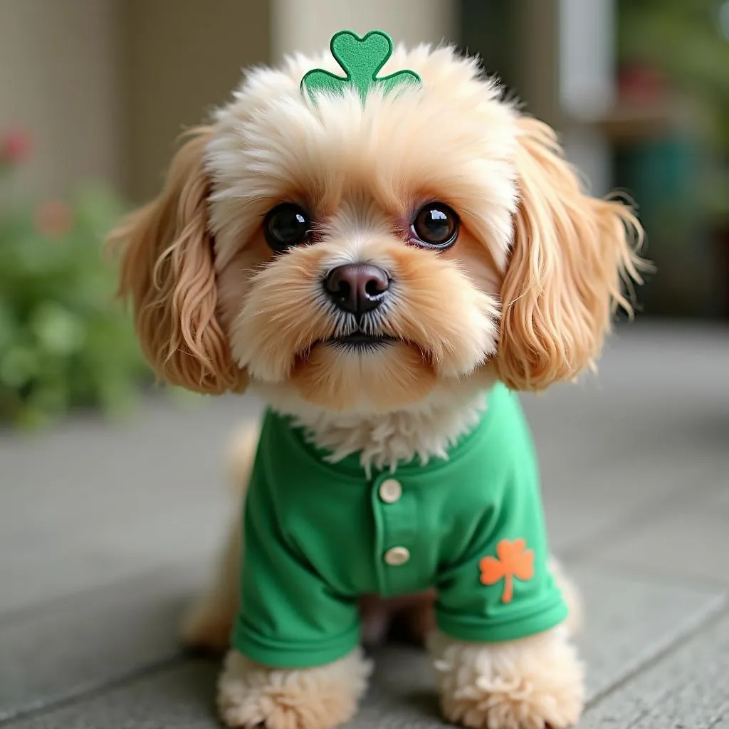 Dog Wearing a St. Patrick's Day Shirt with a Shamrock Design