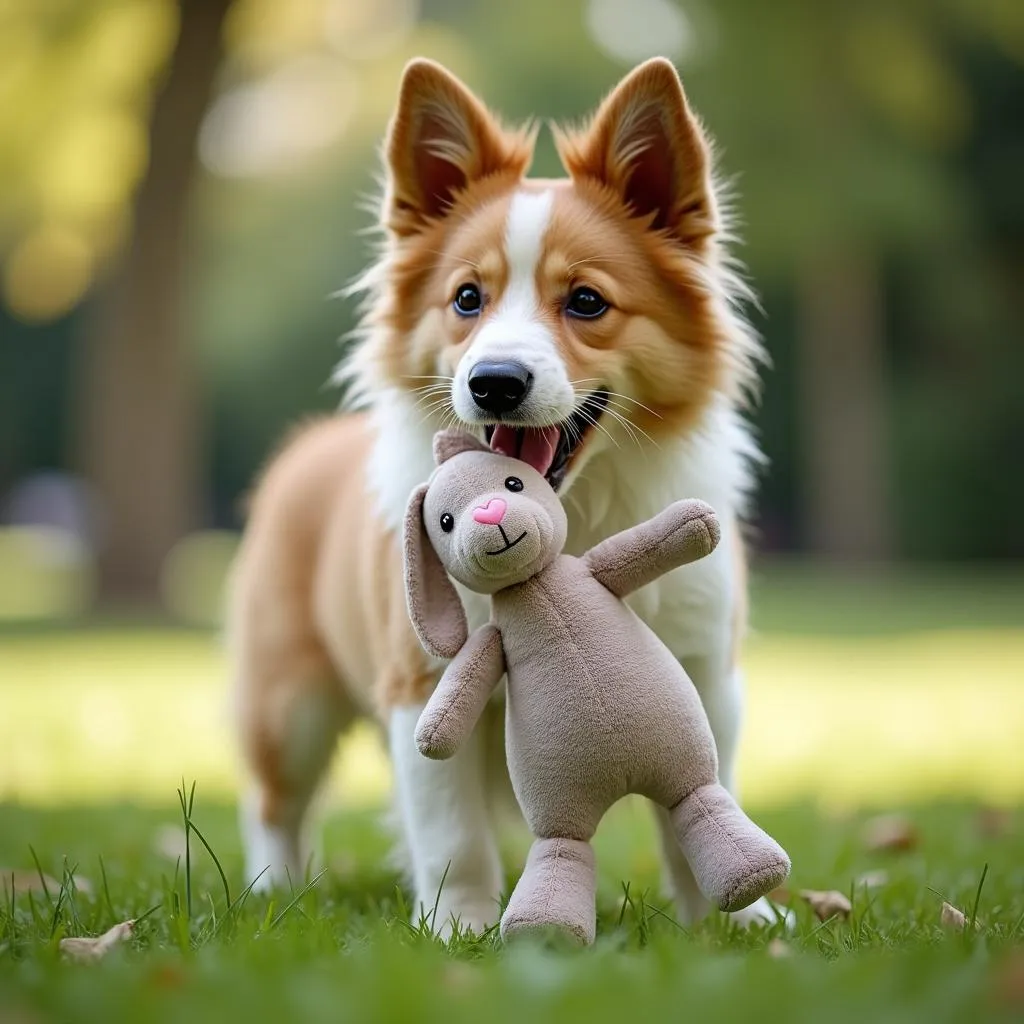 Dog Playing with Stuffed Bunny Dog Toy in a Park