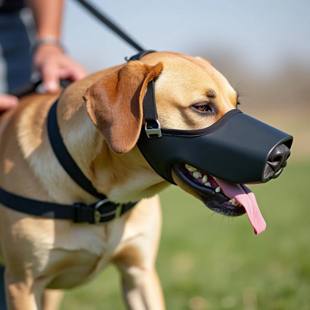 Dog wearing a tactical dog mask during training