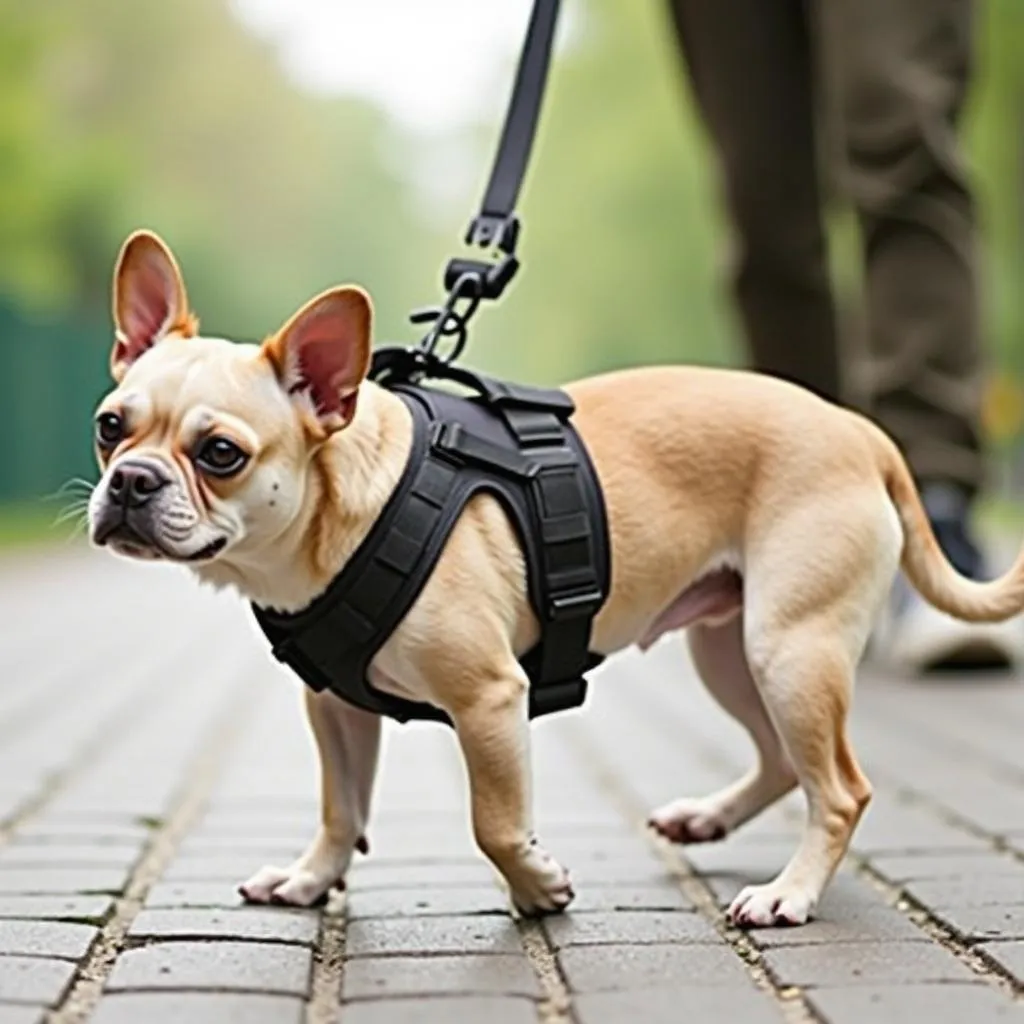 Small dog wearing a tactical harness for safe walking