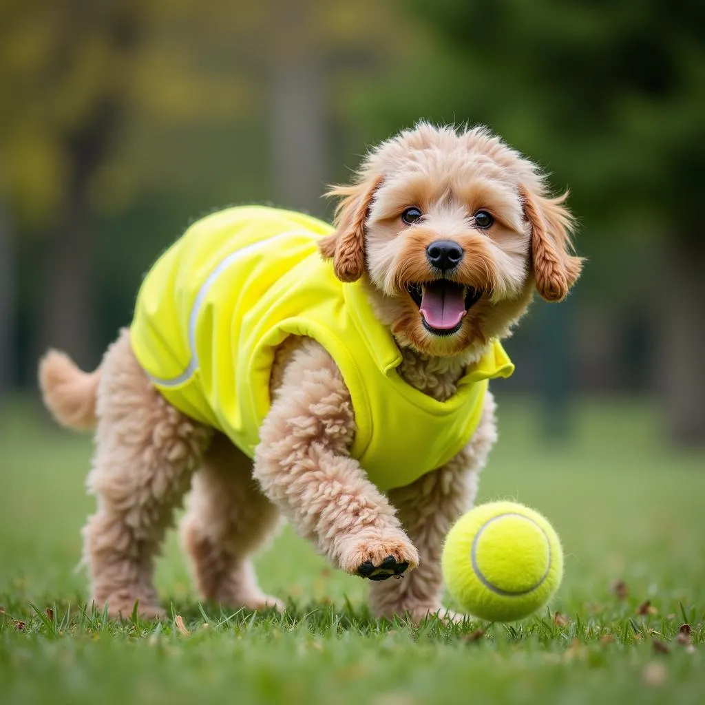 Dog wearing a tennis-themed costume, playing fetch with a tennis ball