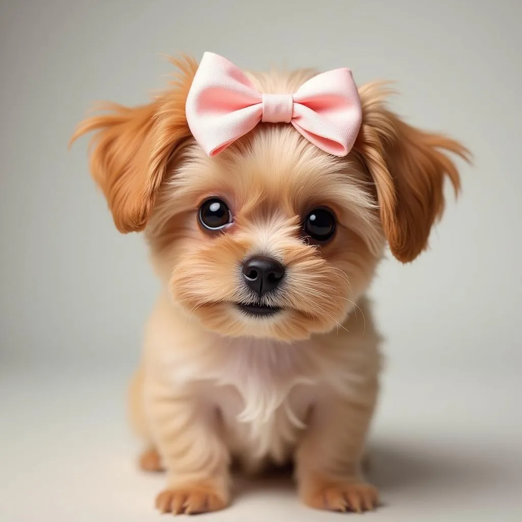 Tiny dog with a bow on its head