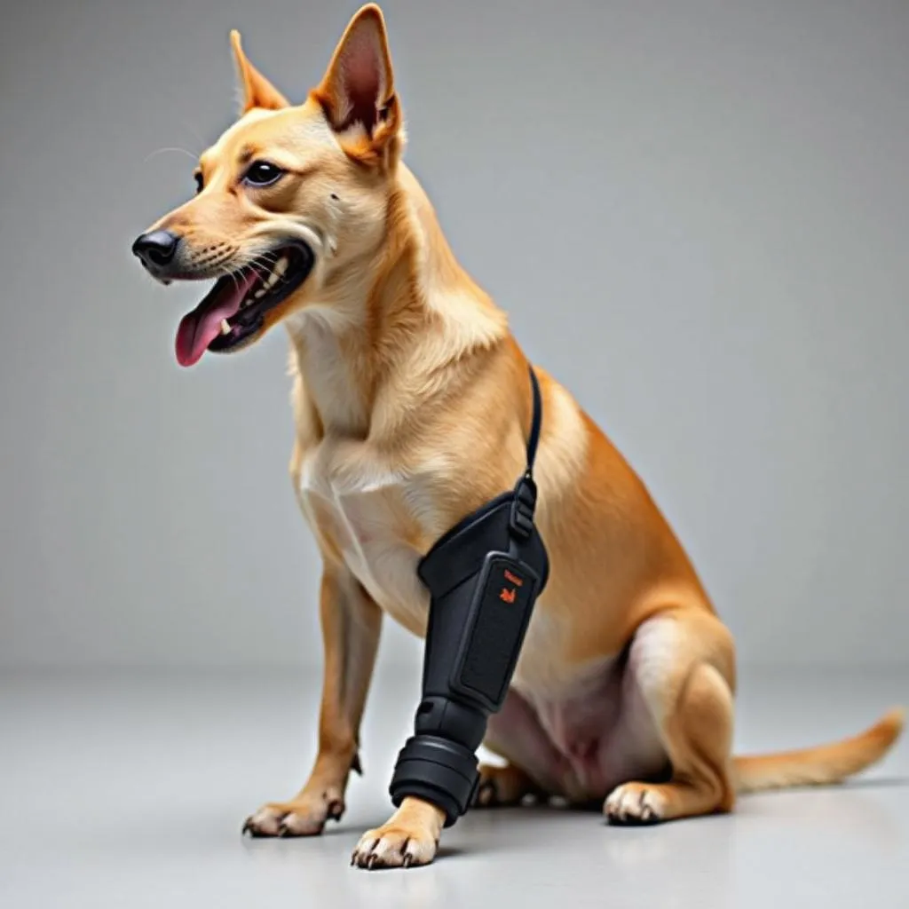 Dog with torn ACL wearing a knee brace for support