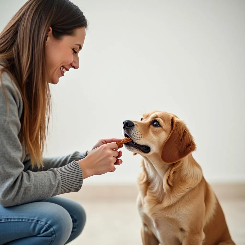 Training a bold dog: Owner using positive reinforcement techniques to teach obedience commands