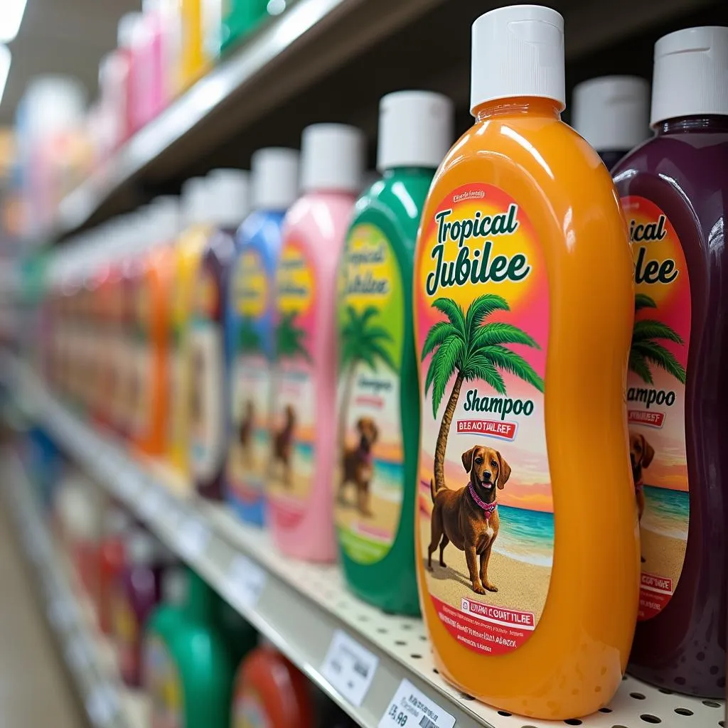 A bottle of Tropical Jubilee Dog Shampoo sitting on a shelf in a pet store.