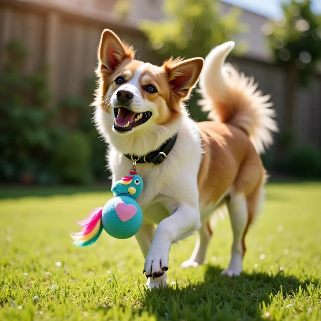 A dog playing with a unicorn dog toy in a sunny backyard