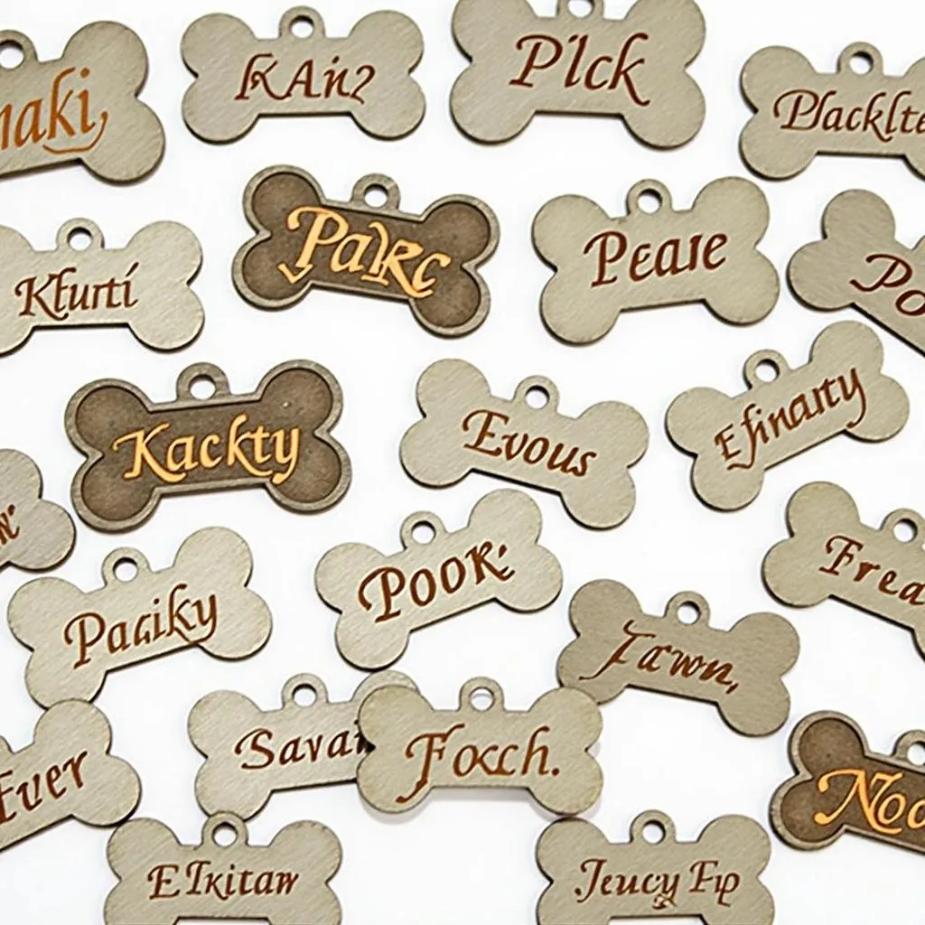 Metal dog name tags with engraved designs