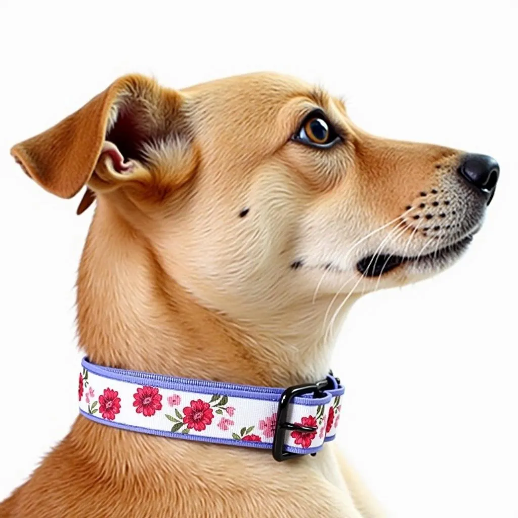 Dog wearing a floral design Valentine's Day collar