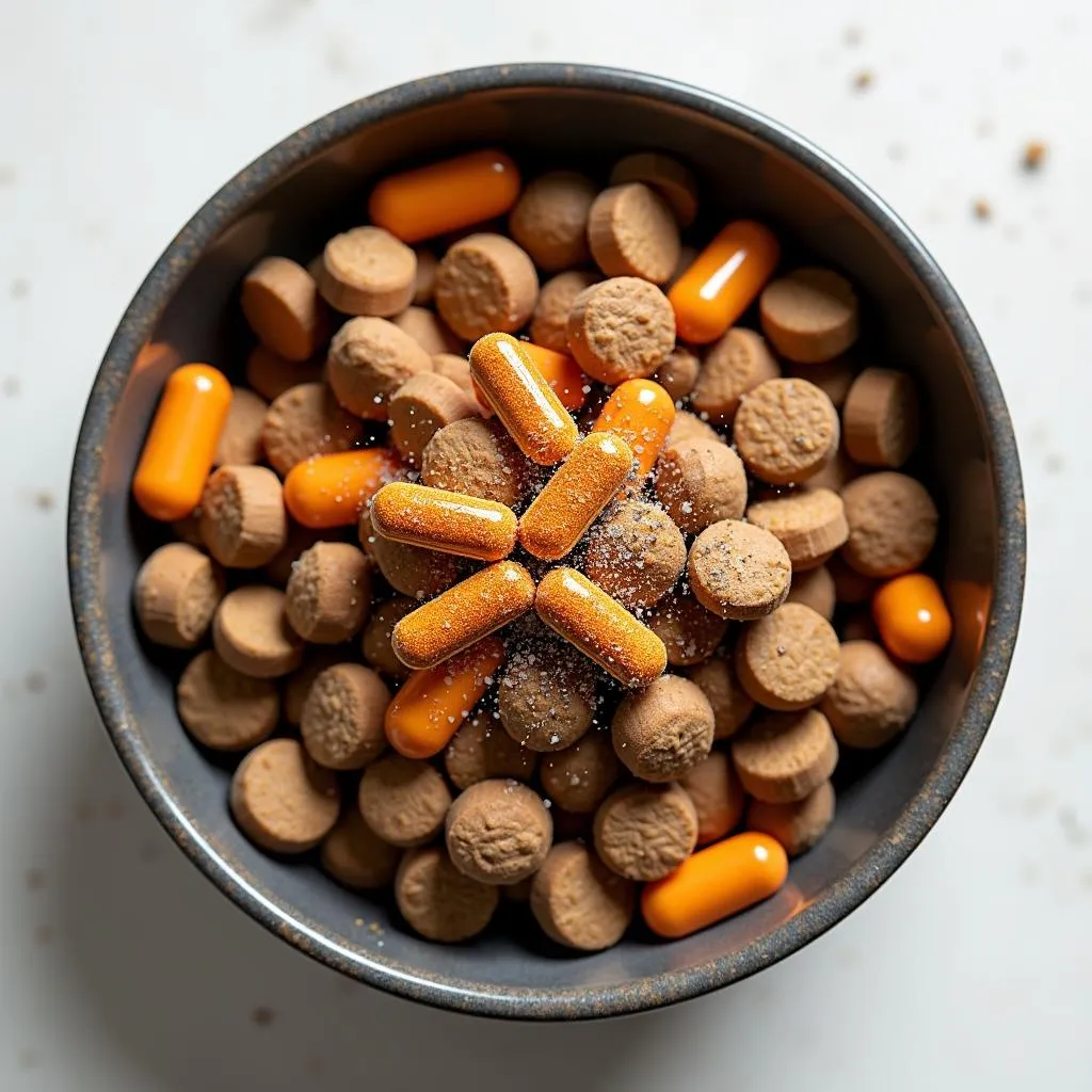 A bowl of homemade dog food with a variety of fresh ingredients, showcasing the addition of vitamin supplements