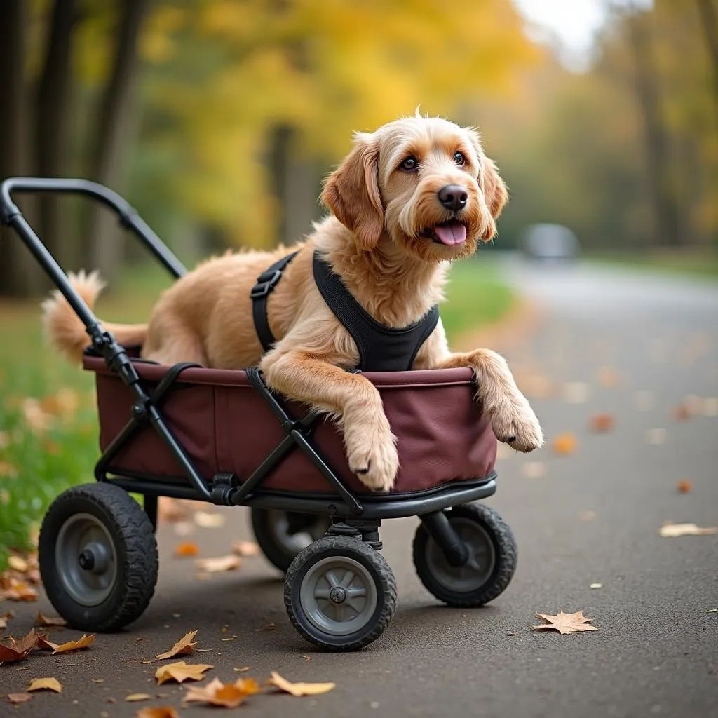 A dog with arthritis comfortably riding in a wagon