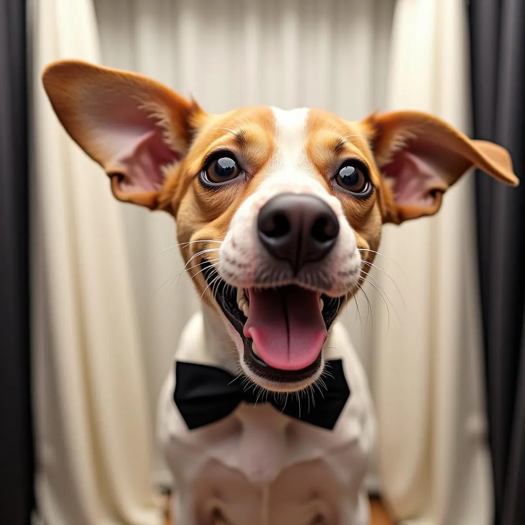 Dog in a bow tie at a wedding photo booth