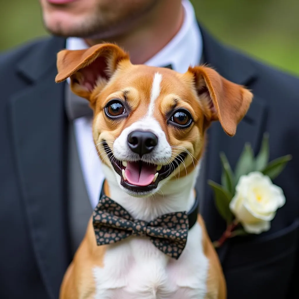 A dog wearing a bow tie with a matching flower for his owner's wedding