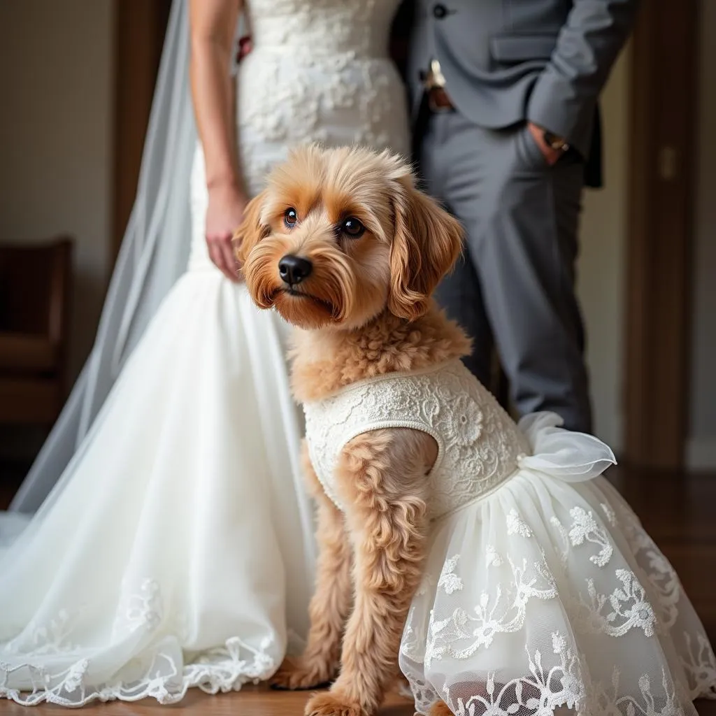 A dog wearing a beautiful white dress for her owner's wedding