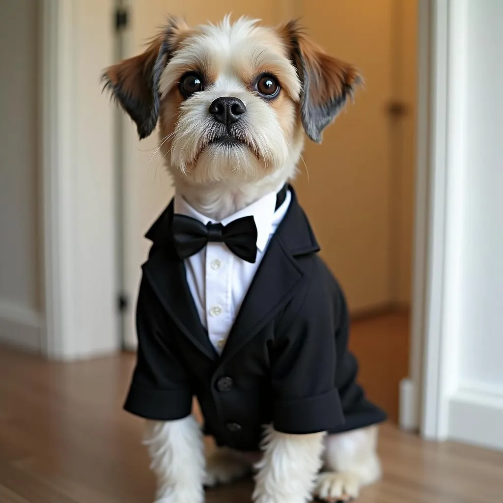 A handsome dog in a tuxedo for his owner's wedding