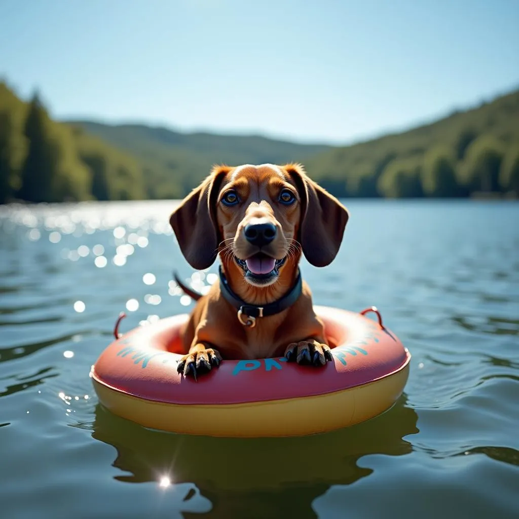 Dachshund enjoying a lake day in his boat tube