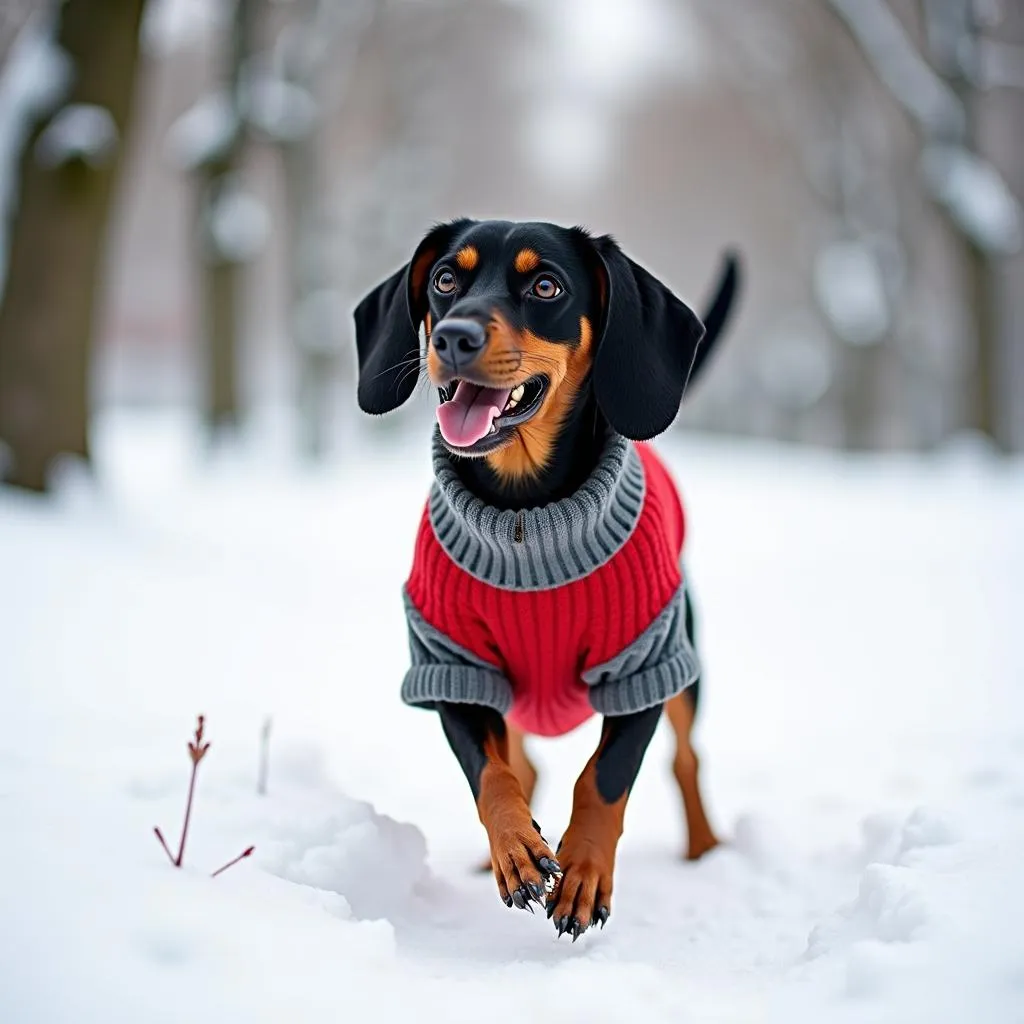 Weiner dog wearing a cozy sweater on a winter walk