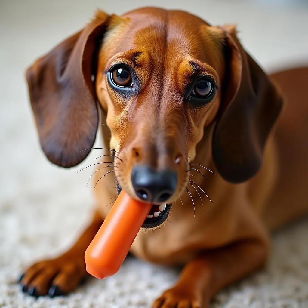 Dachshund chewing on durable weiner dog toy