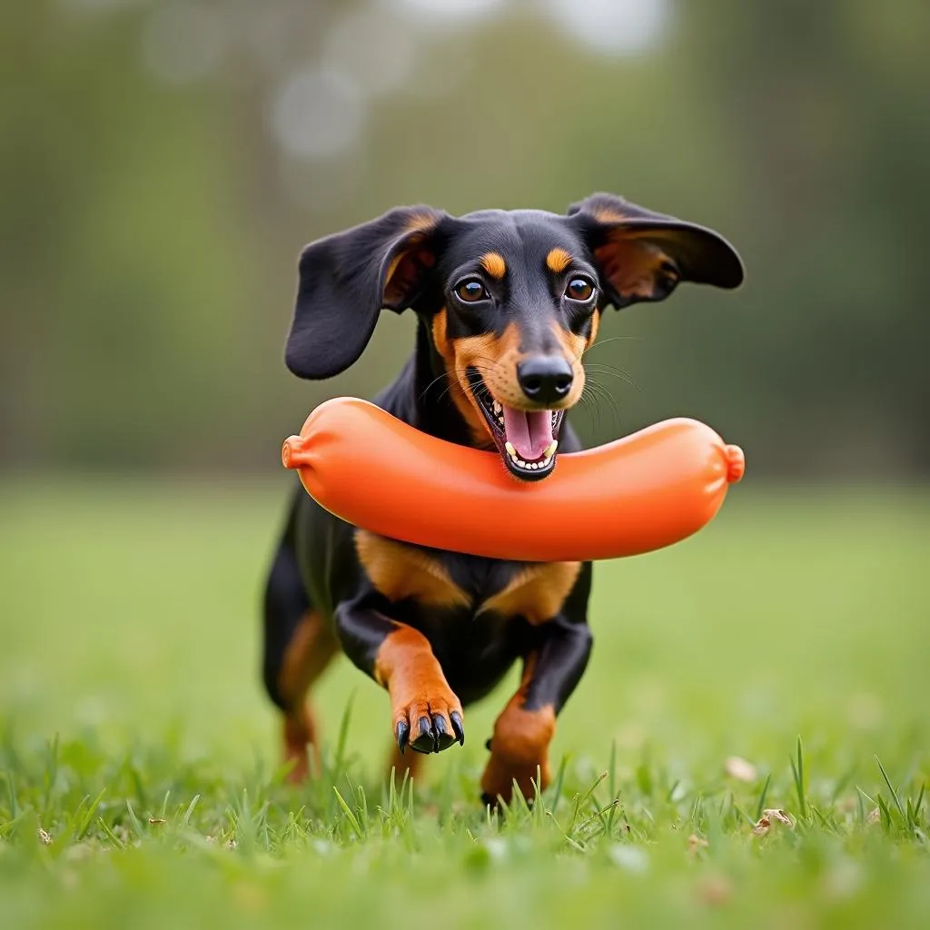 Dachshund happily fetching a weiner dog toy