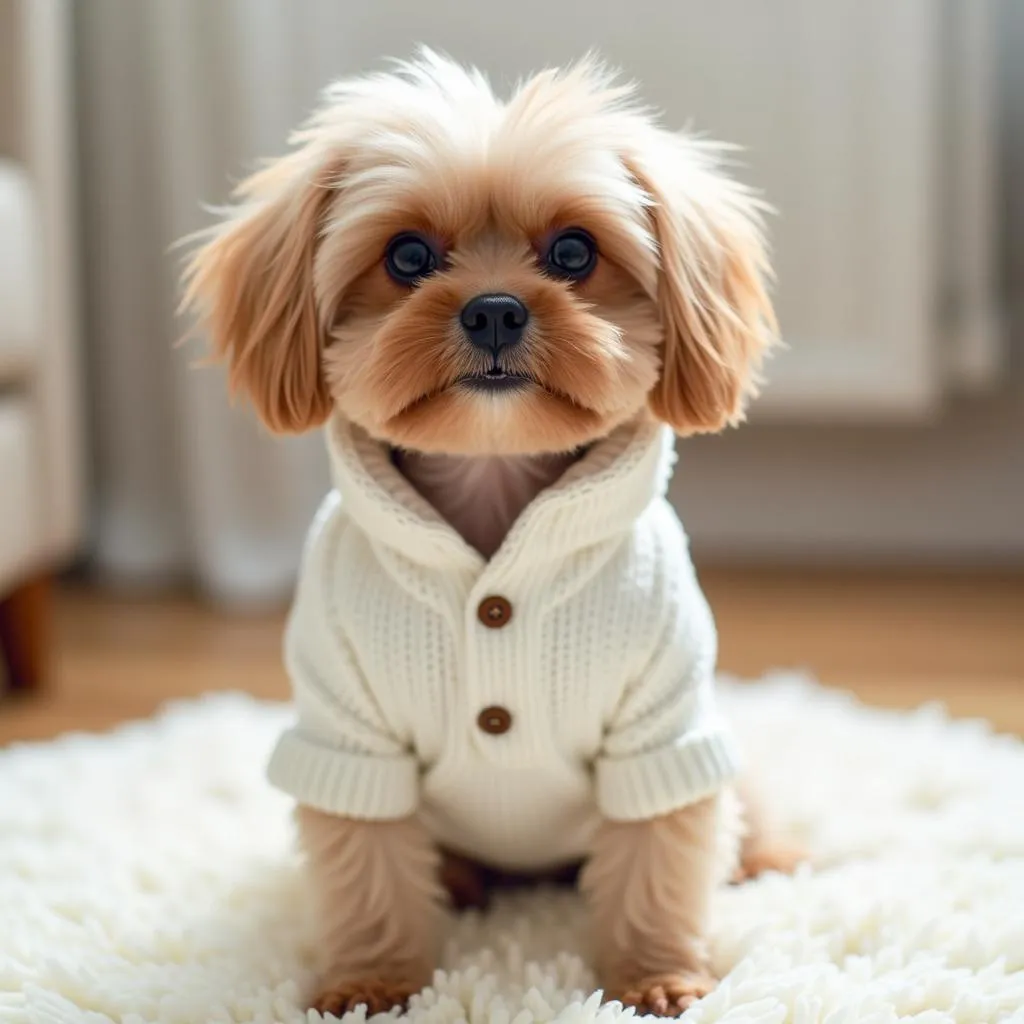 Small Dog Wearing a White Sweater