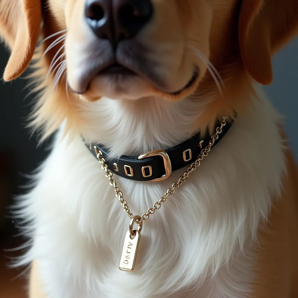 White gold dog tag chain on a dog