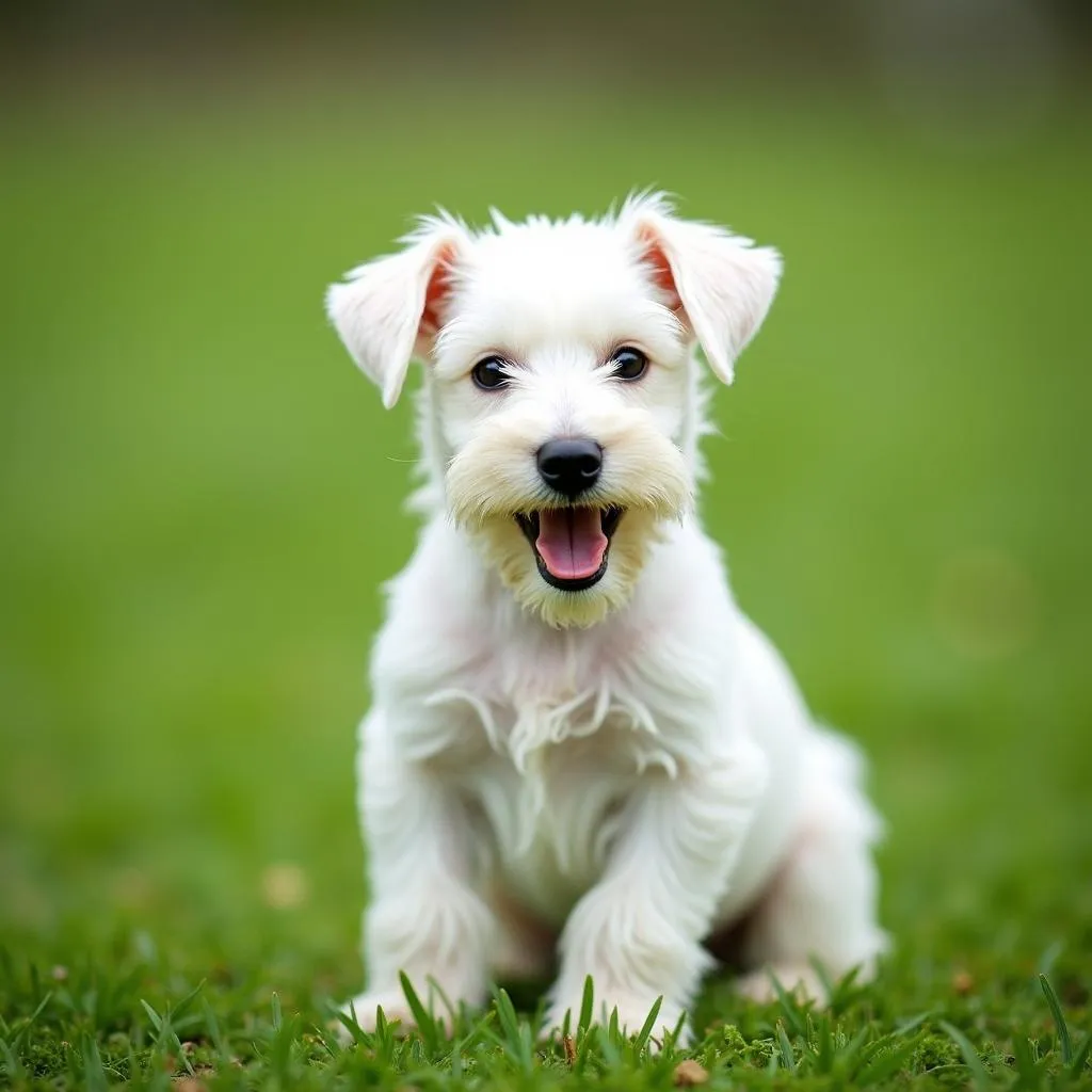 Cute White Miniature Schnauzer Puppy Sitting on Green Grass