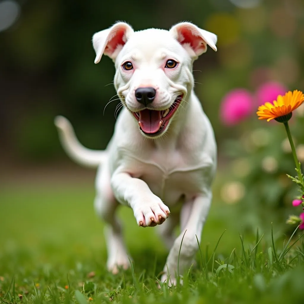 Adorable White Staffordshire Bull Terrier Puppy Playing in the Backyard