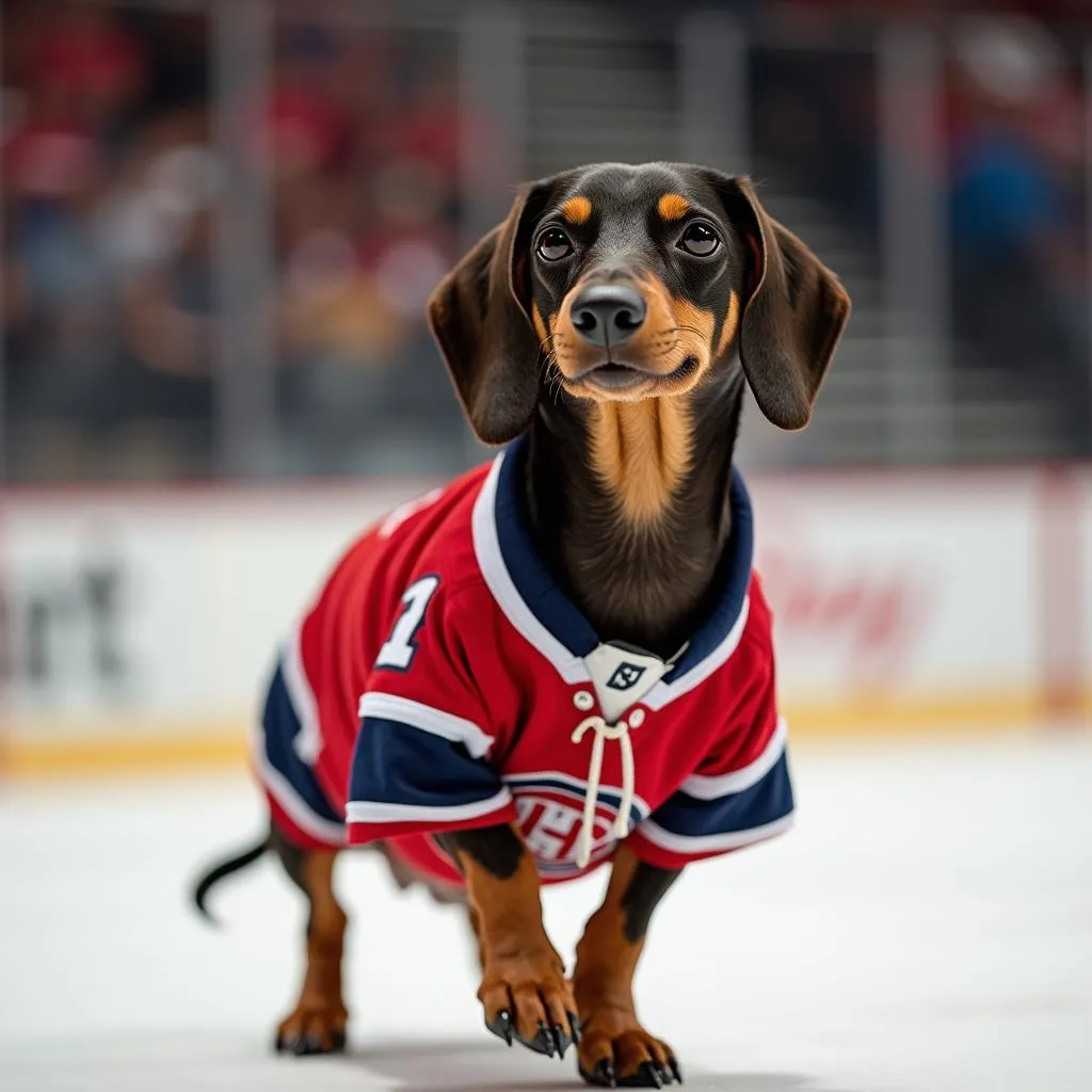 A dachshund wearing a hockey jersey, looking adorable and comical