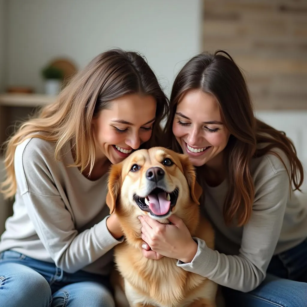 Couple happily smiling with their dog