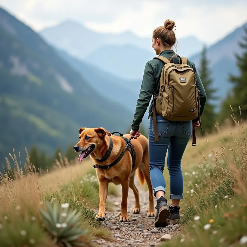 Woman Hiking With Her Dog