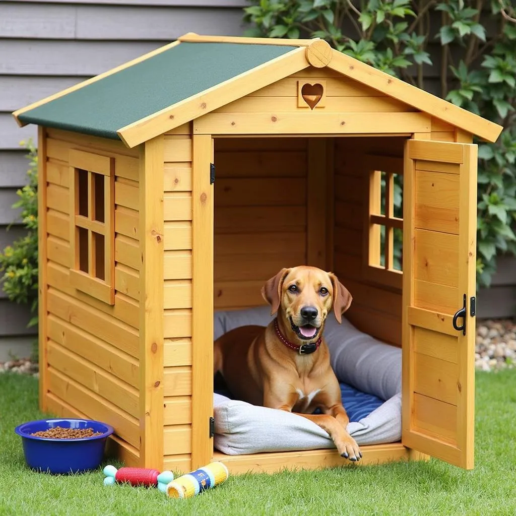 Setting up a wood dog kennel outdoor with dog bed, bowl and toys