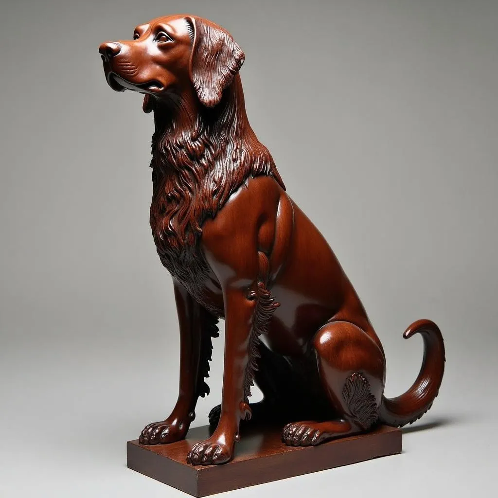 Large carved mahogany wood dog statue with realistic details, symbolizing loyalty and protection